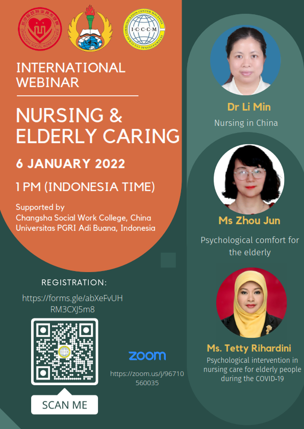 Universitas PGRI Adi Buana Surabaya Proudly present International Webinar with Changsha Social Work College, China with Theme Nursing and Elderly Caring